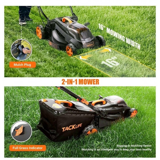 Cordless Lawn Mower, 16 Inch Brushless Lawn Mower, 50L Grass Box & Mulch Plug, 4