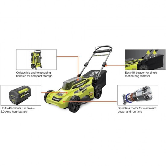 RYOBI Push Lawn Mower 20 in. 40-Volt Brushless Lithium-Ion Cordless Battery