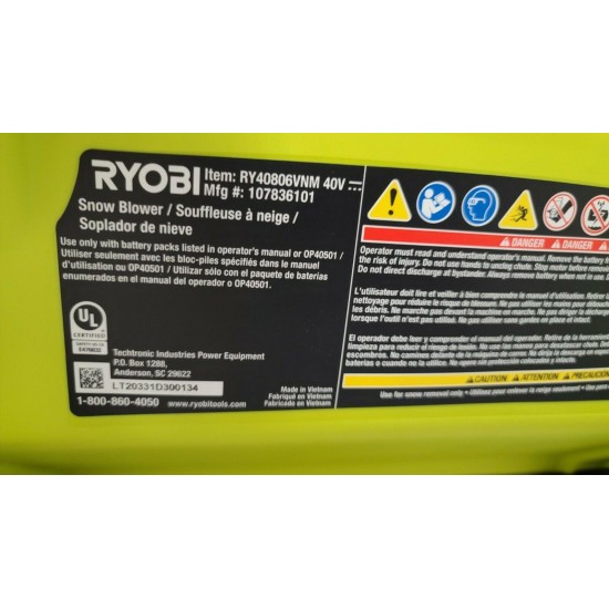 Ryobi 21 In. 40v Brushless Cordless Electric Snow Blower Ry40806vnm Dated 2020