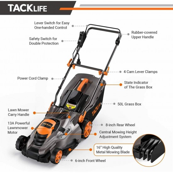 TACKLIFE Electric Lawn Mower, 16 Inch 13Amp Lawn Mower, 5 Cutting Heights, Lawn